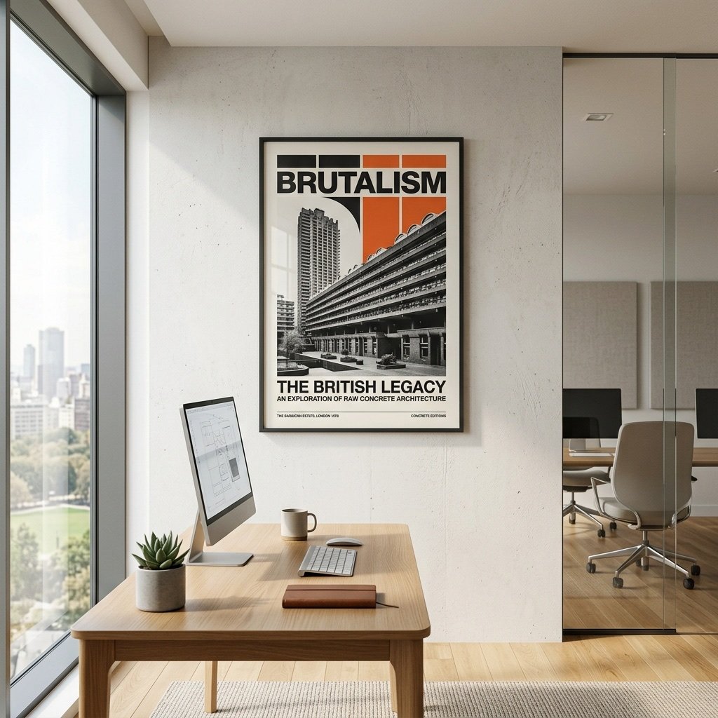 Brutalist architectural art in a restrained vertical composition