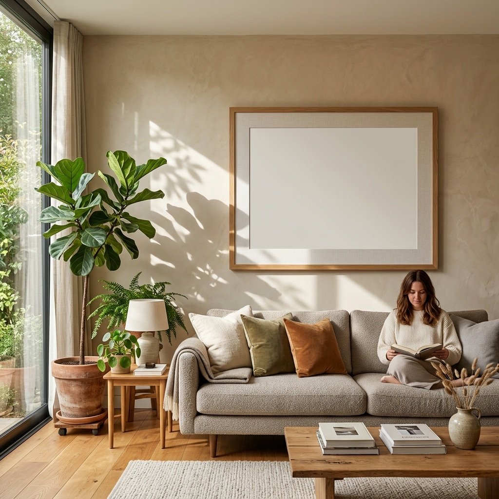 Framed wall art presented in a warm, sunlit living room mockup